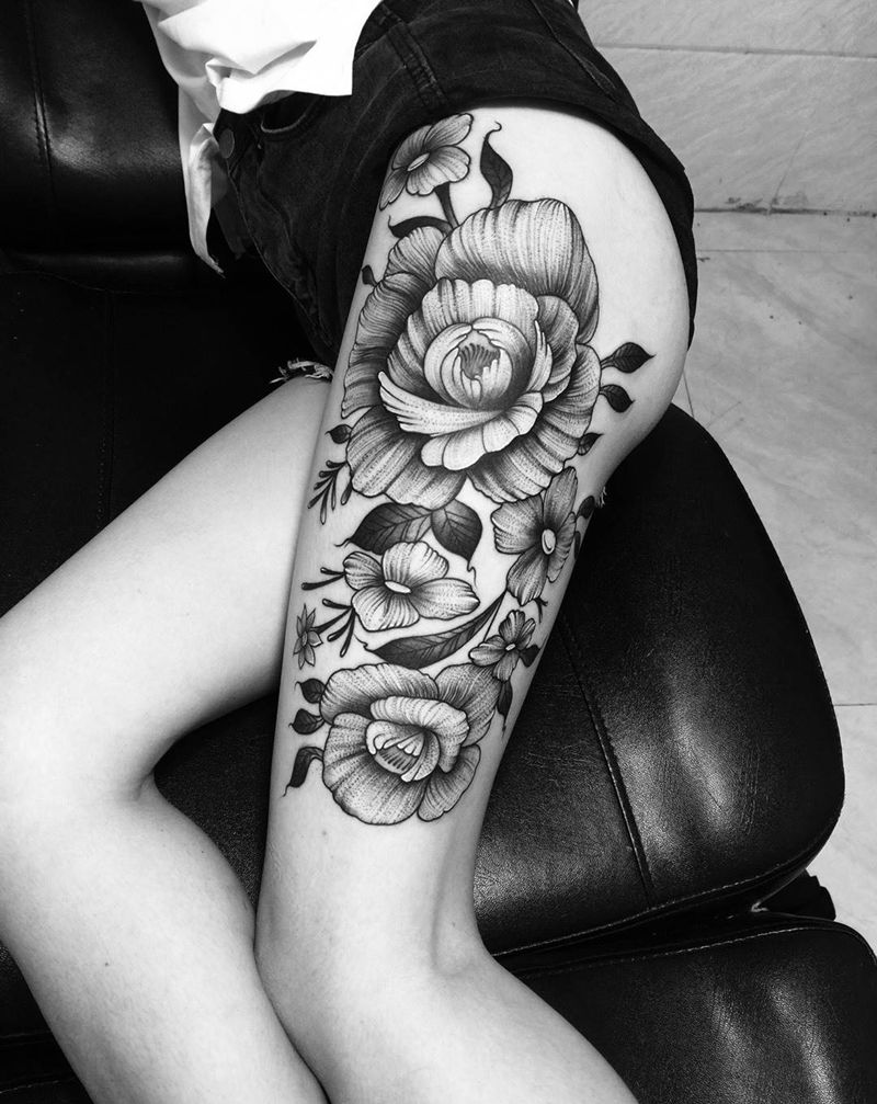 花纹身图片_成品腿部清新植物纹身图案