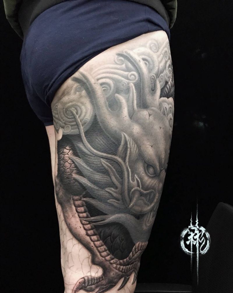 雕龙腿纹身图片_腿部欧美写实新传统纹身图案
