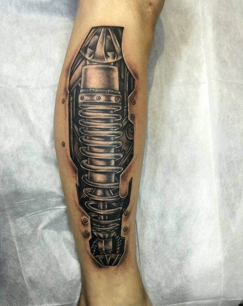 机械避震器纹身图片_成品腿部写实纹身图案