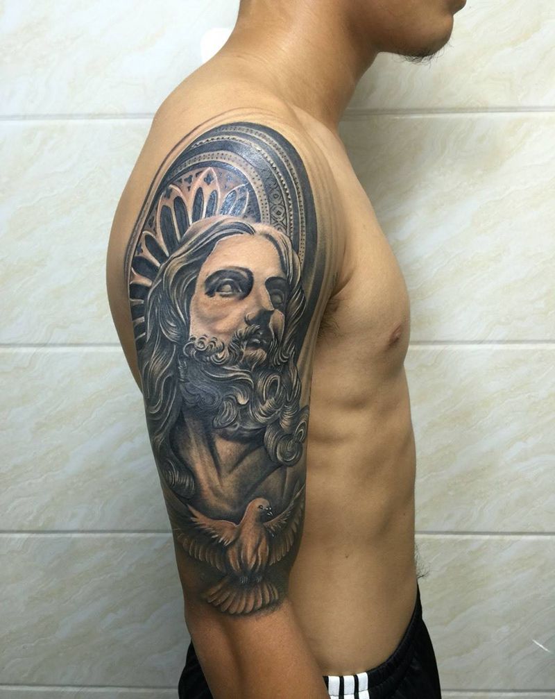 耶稣纹身图片_成品手臂欧美人物原创纹身图案