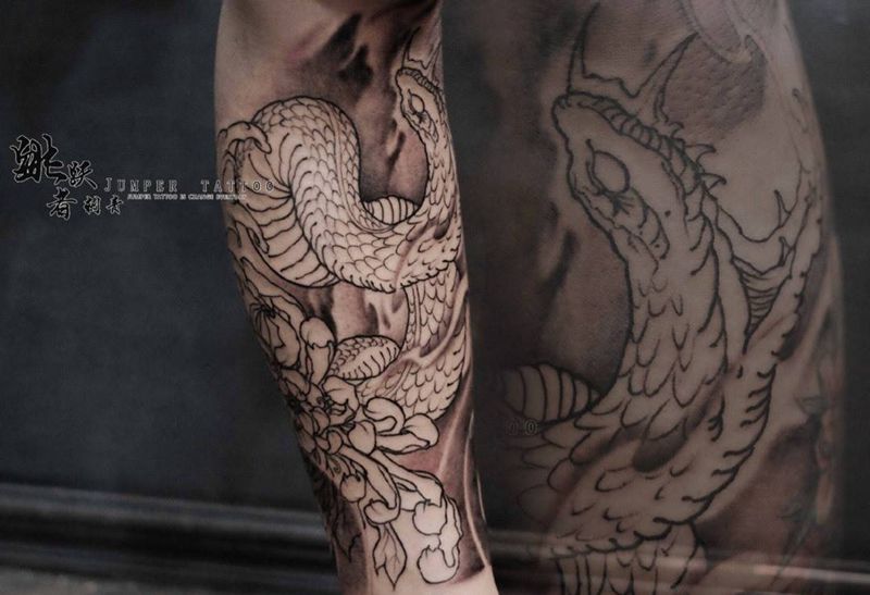 蛇，未完成，下次上彩纹身图片