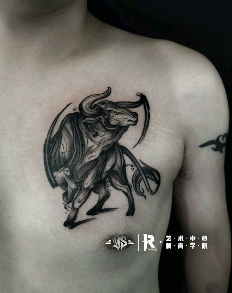 一头蛮牛，闯情场竟成为一头蛮牛纹身图片_胸部水墨牛纹身图案