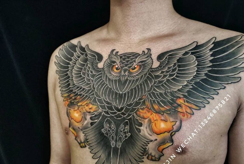 猫头鹰遮盖作品纹身图片_胸部New School猫头鹰骷髅遮盖纹身图案