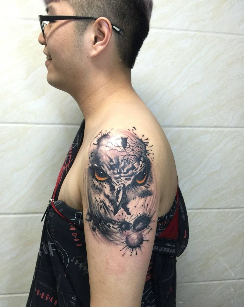 猫头鹰、旧图修改纹身图片_成品手臂欧美动物纹身图案