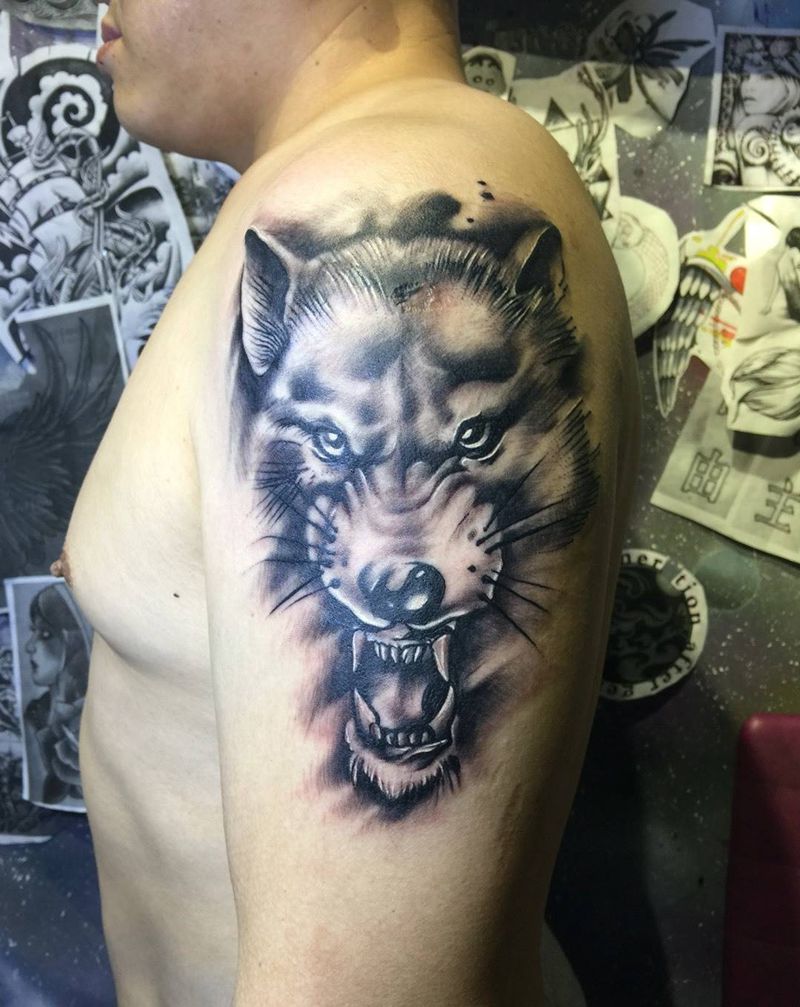 狼头纹身图片_成品手臂动物纹身图案
