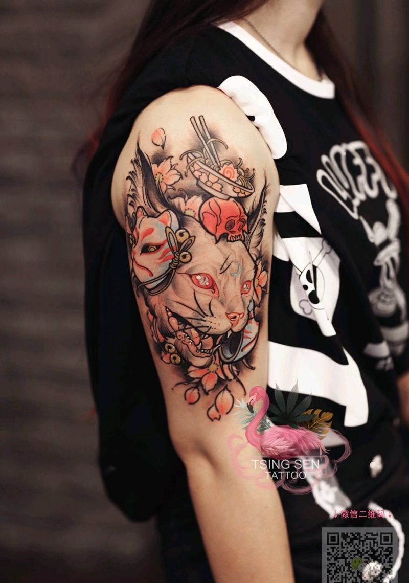 newschool猫纹身图片_手臂欧美传统清新动物成品纹身图案