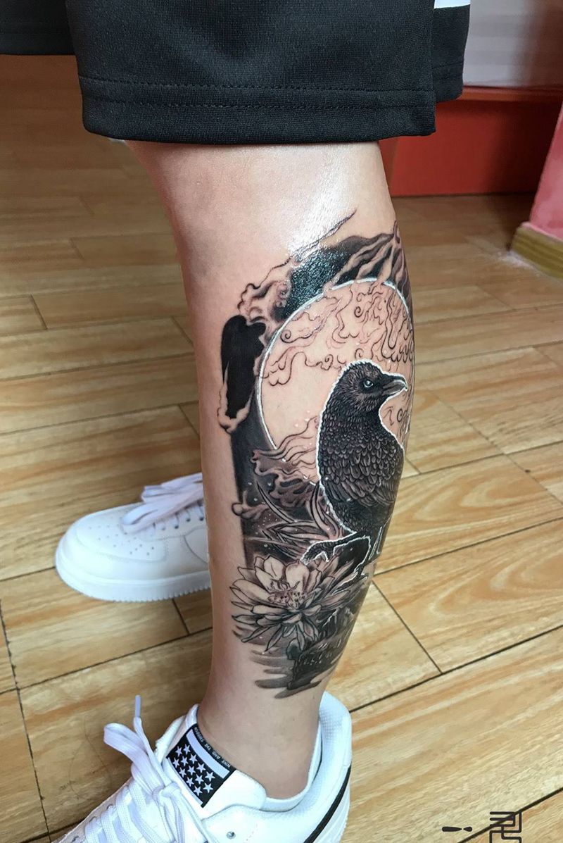 三足金乌纹身图片_腿部新传统纹身图案