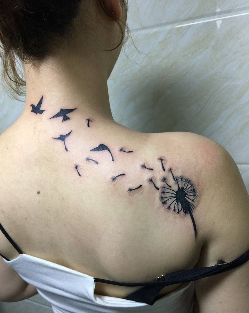 蒲公英纹身图片_成品背部清新植物纹身图案