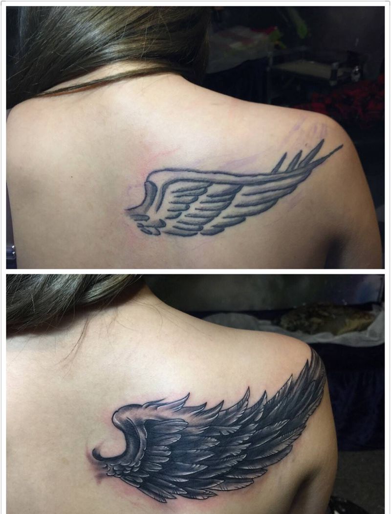 翅膀修改纹身图片_成品背部清新动物纹身图案