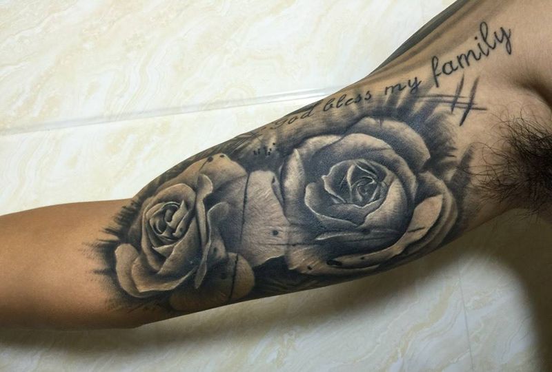 玫瑰纹身图片_成品手臂植物纹身图案