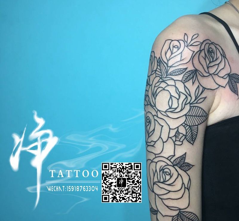 线条玫瑰花纹身图片_成品肩部手臂欧美清新植物纹身图案