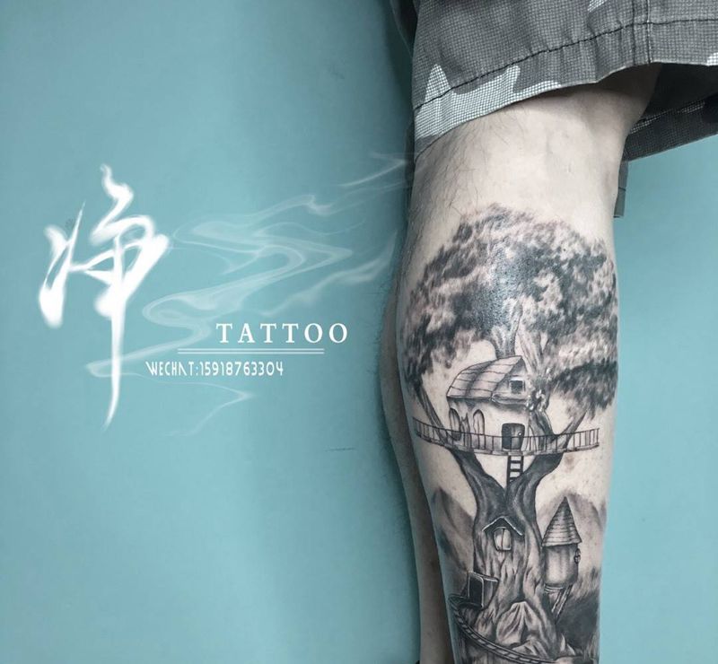 树屋纹身图片_成品腿部欧美写实传统习俗国画图腾原创情侣纹身图案