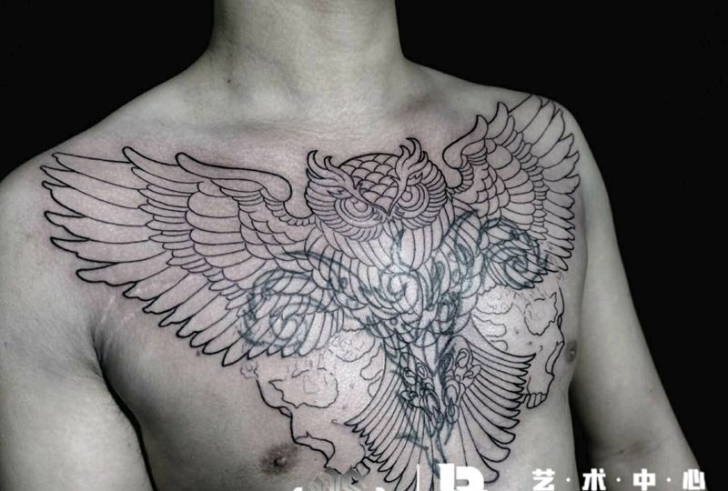 遮盖，下次继续纹身图片_胸部New School猫头鹰遮盖骷髅纹身图案