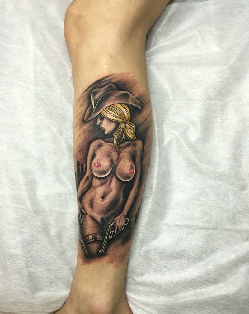 牛仔纹身图片_成品腿部欧美人物纹身图案