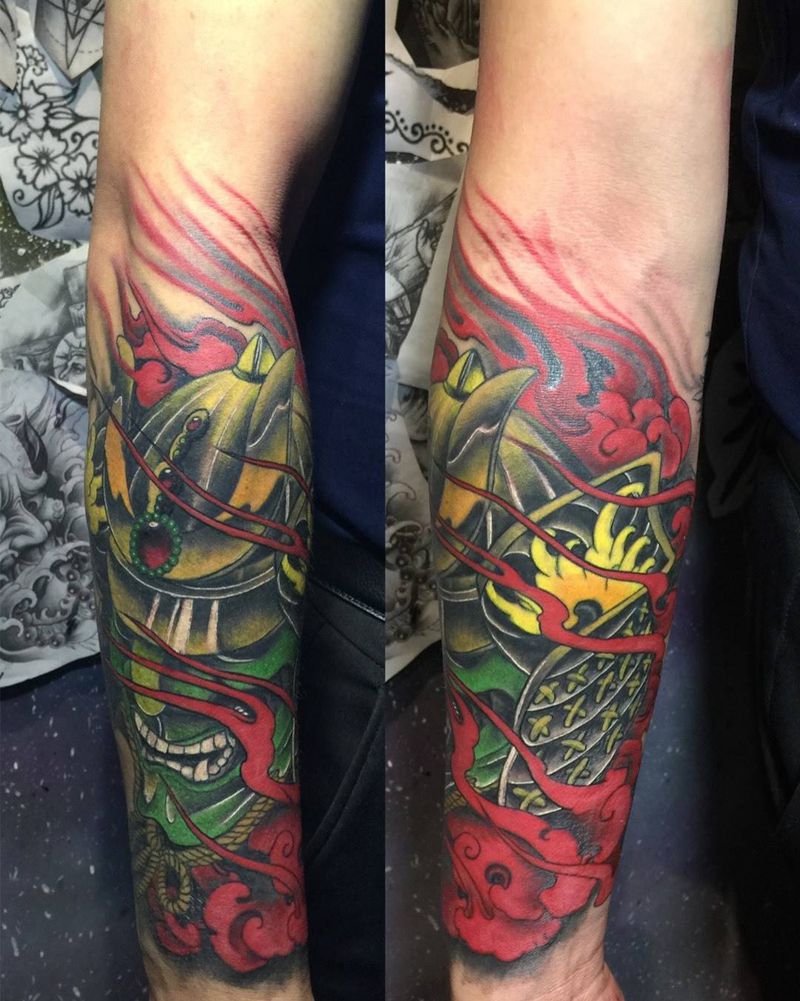 日本鬼武士纹身图片_成品手臂传统鬼神纹身图案