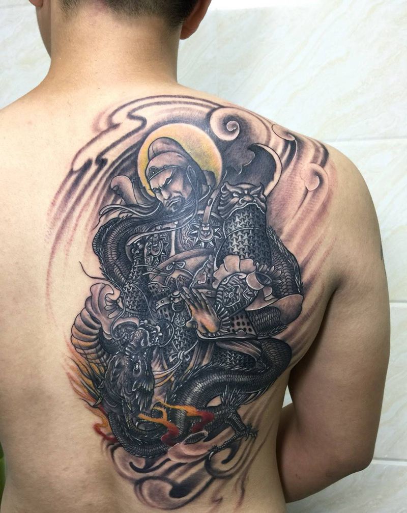 关羽纹身图片_成品背部传统人物纹身图案