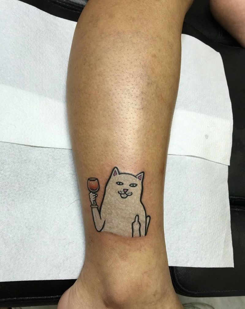 中指喵纹身图片_成品腿部清新原创纹身图案