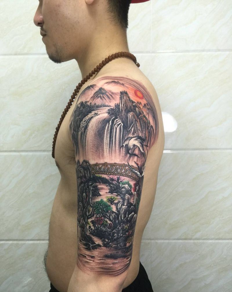 山水、修改旧图纹身图片_成品手臂国画植物纹身图案