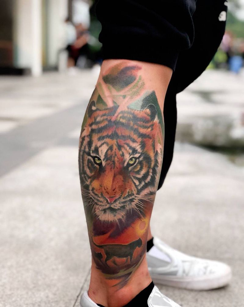 欧美彩色老虎纹身图片