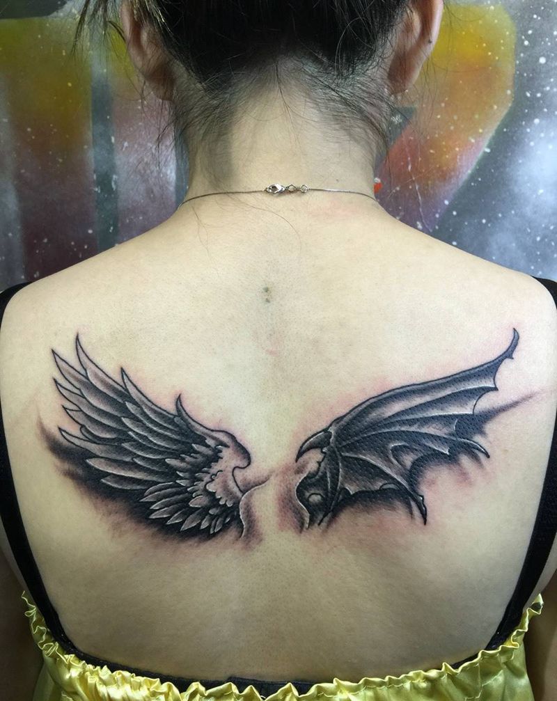 魔鬼天使翼纹身图片_背部成品鬼神纹身图案