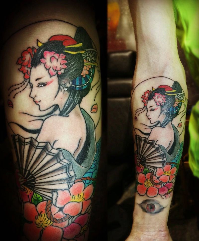 艺妓纹身图片_成品手臂传统人物纹身图案