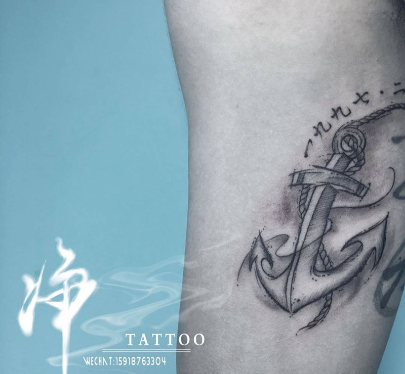 船锚纹身图片_成品手臂清新国画静物船锚花臂纹身图案