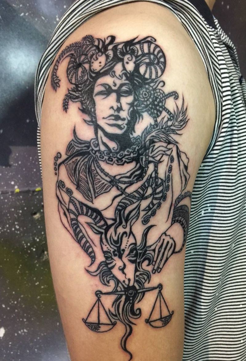 白羊天秤纹身图片_成品手臂插画纹身图案