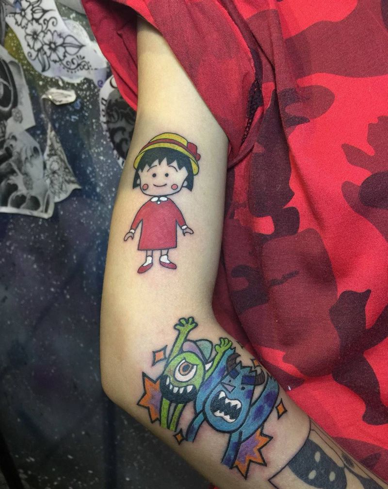 樱桃小丸子与怪兽纹身图片_成品手臂欧美清新人物纹身图案