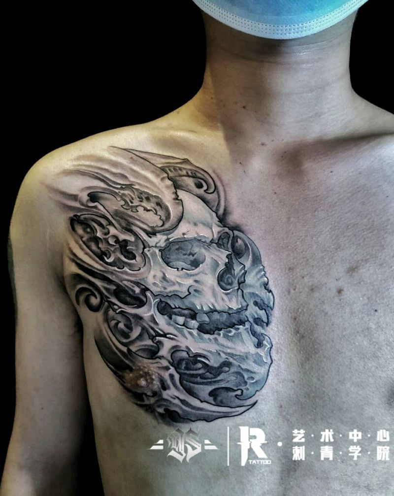 作品名称"整整一天"纹身图片_胸部欧美写实骷髅写实纹身图案