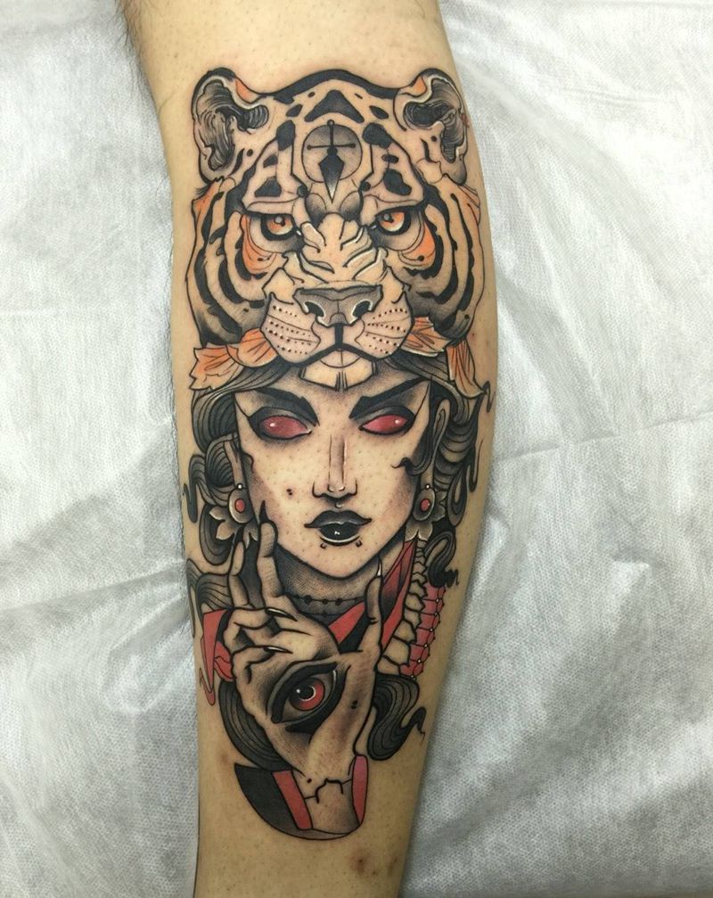 欧美风纹身图片_成品腿部欧美人物纹身图案