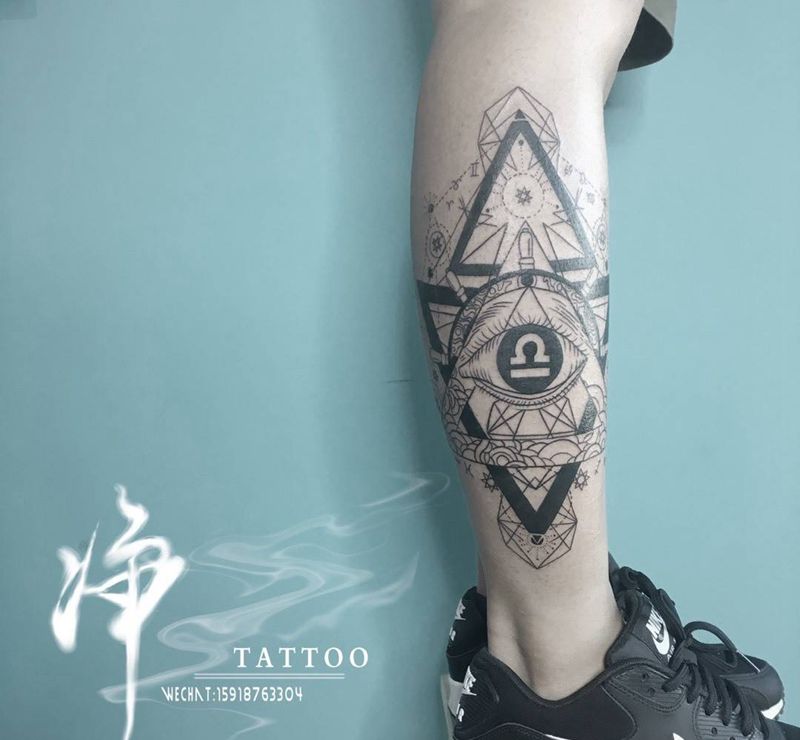 12星座未完成纹身图片_腿部脚部点刺几何星座纹身图案