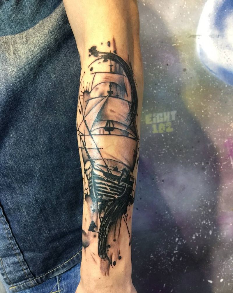 帆船纹身图片_手臂船纹身图案