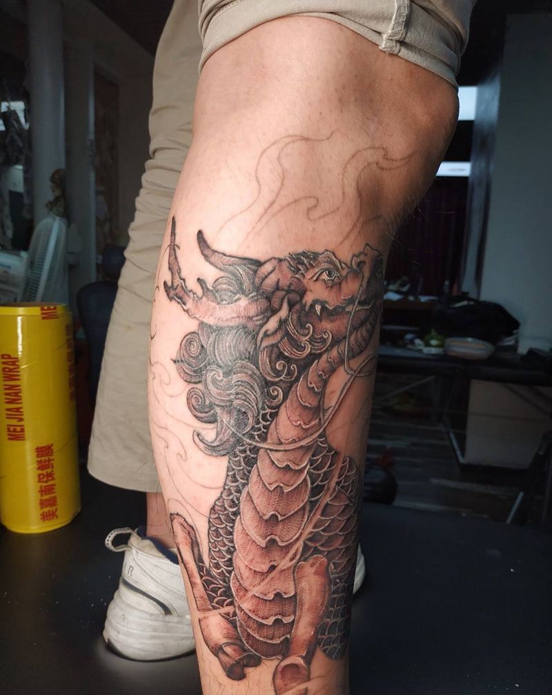 麒麟。全图圆九和圆五纹身图片_新传统点刺纹身图案