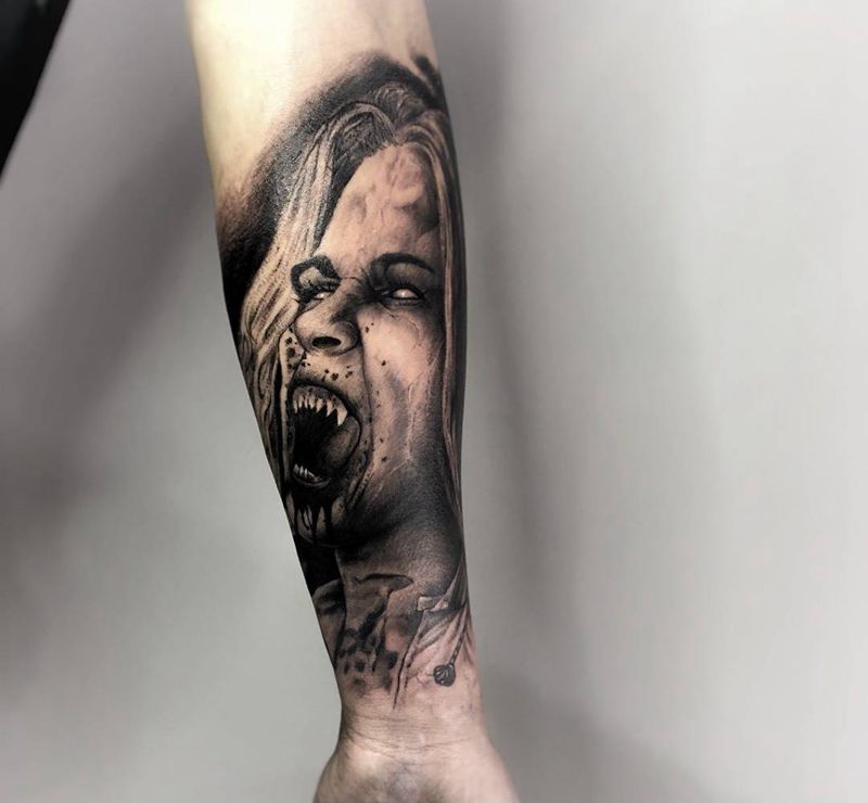 吸血鬼纹身图片_手臂欧美写实吸血鬼欧美肖像纹身图案