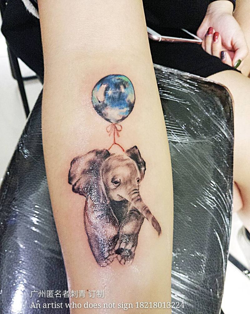 可爱气球小象纹身图片_手臂欧美清新几何动物广州广州象成品纹身图案