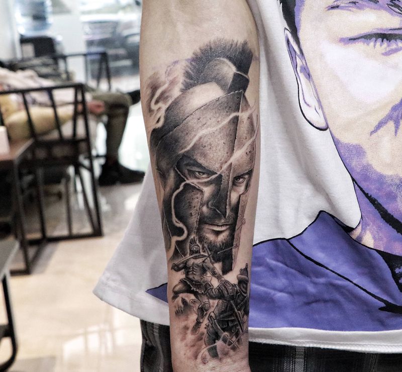 斯巴达纹身图片_手臂欧美写实斯巴达人物肖像纹身图案