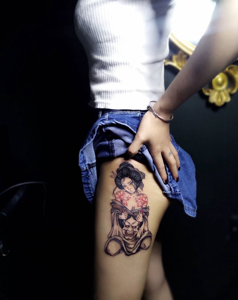 女子艺妓纹身图片_腿部新传统纹身图案