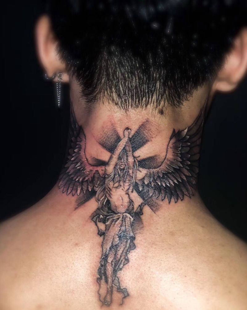 天使。纹身图片_颈部纹身图案