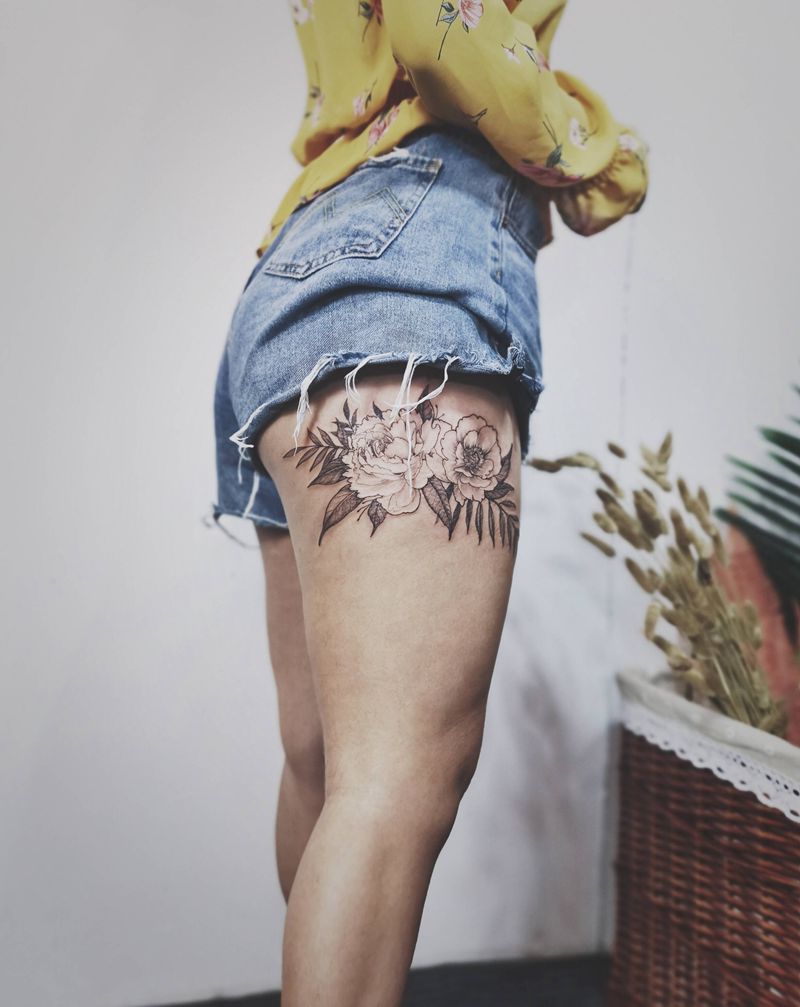 花朵腿环纹身图片_腿部New School花朵显瘦牡丹纹身图案