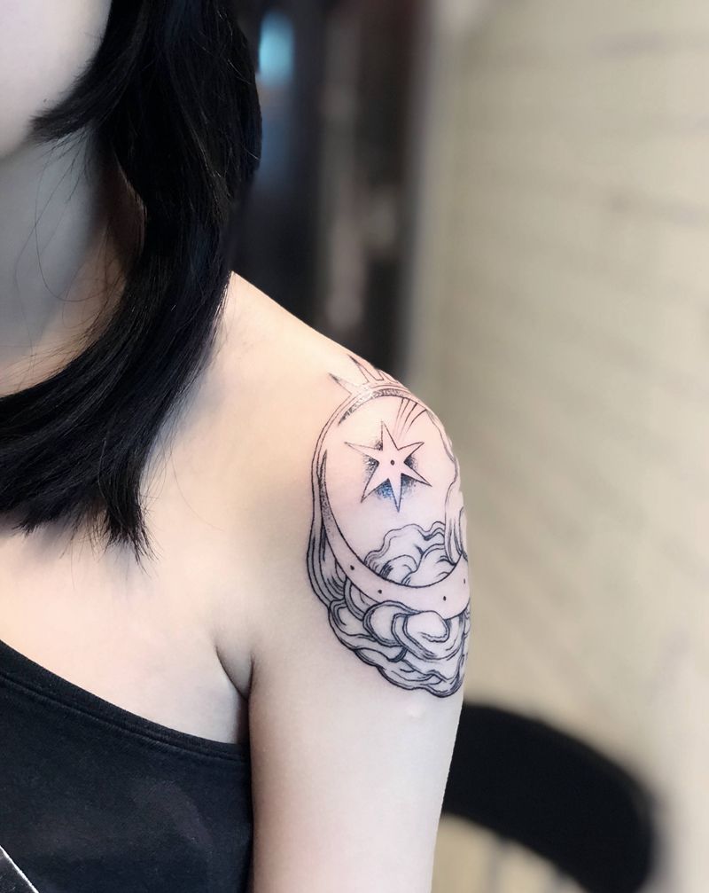 月亮纹身图片_肩部几何纹身图案