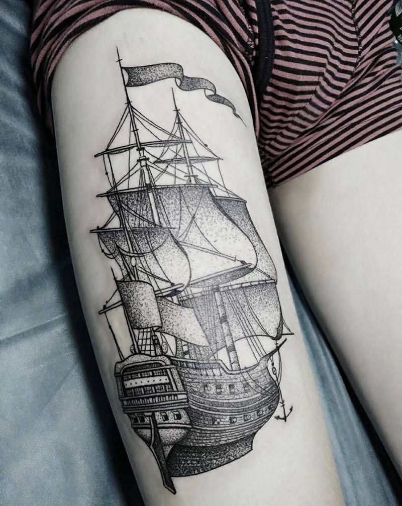 船纹身图片_腿部点刺几何纹身图案