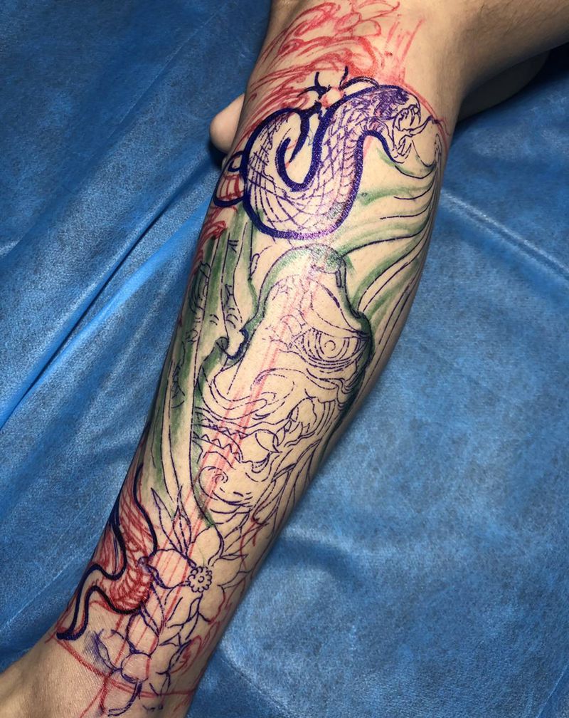 传统般若纹身图片_脚部新传统纹身图案