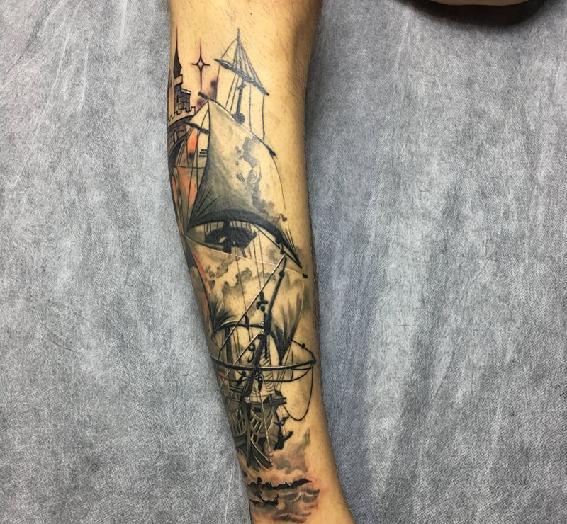 水墨船纹身图片_脚部腿部水墨欧美写实纹身图案