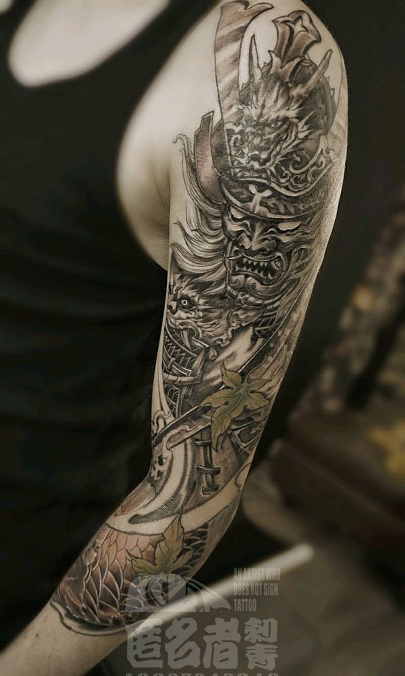 传统鬼武士包臂纹身图片_手臂新传统武士纹身图案