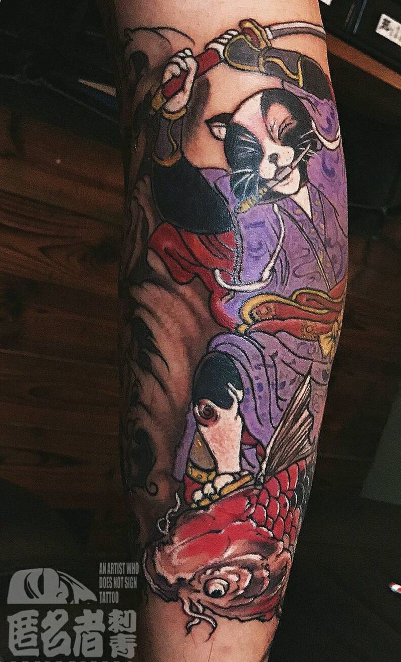 武士猫踏鱼 康庄大道纹身图片_腿部传统习俗国画动物原创广州成品纹身图案