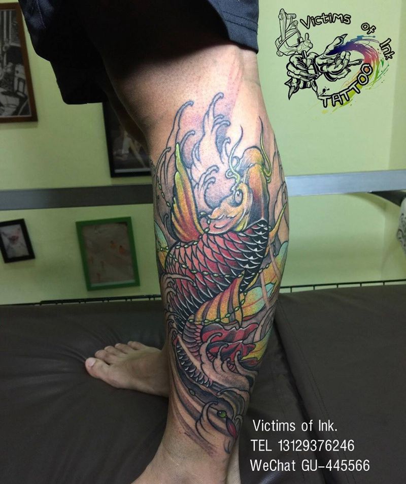 鱼纹身图片_腿部传统动物原创成品纹身图案