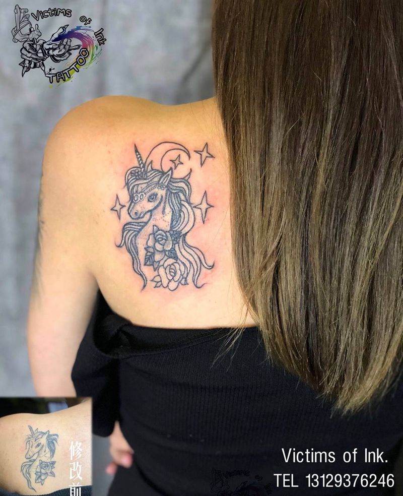 修改独角兽纹身图片_成品背部清新原创纹身图案