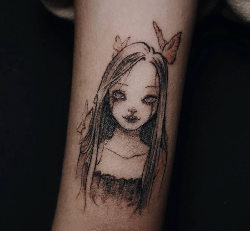 清新暗黑小姐姐纹身图片_手臂欧美写实点刺暗黑纹身图案