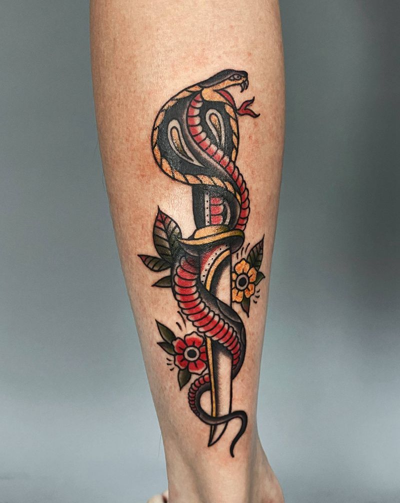 老美式  蛇纹身图片_腿部Old School蛇纹身图案