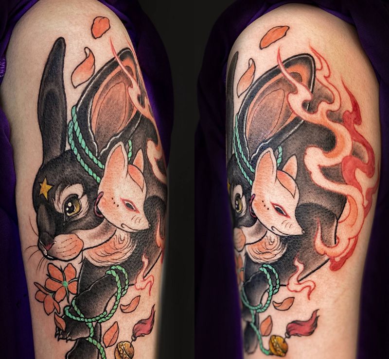 幻化成兔纹身图片_手臂New School兔子New school纹身图案